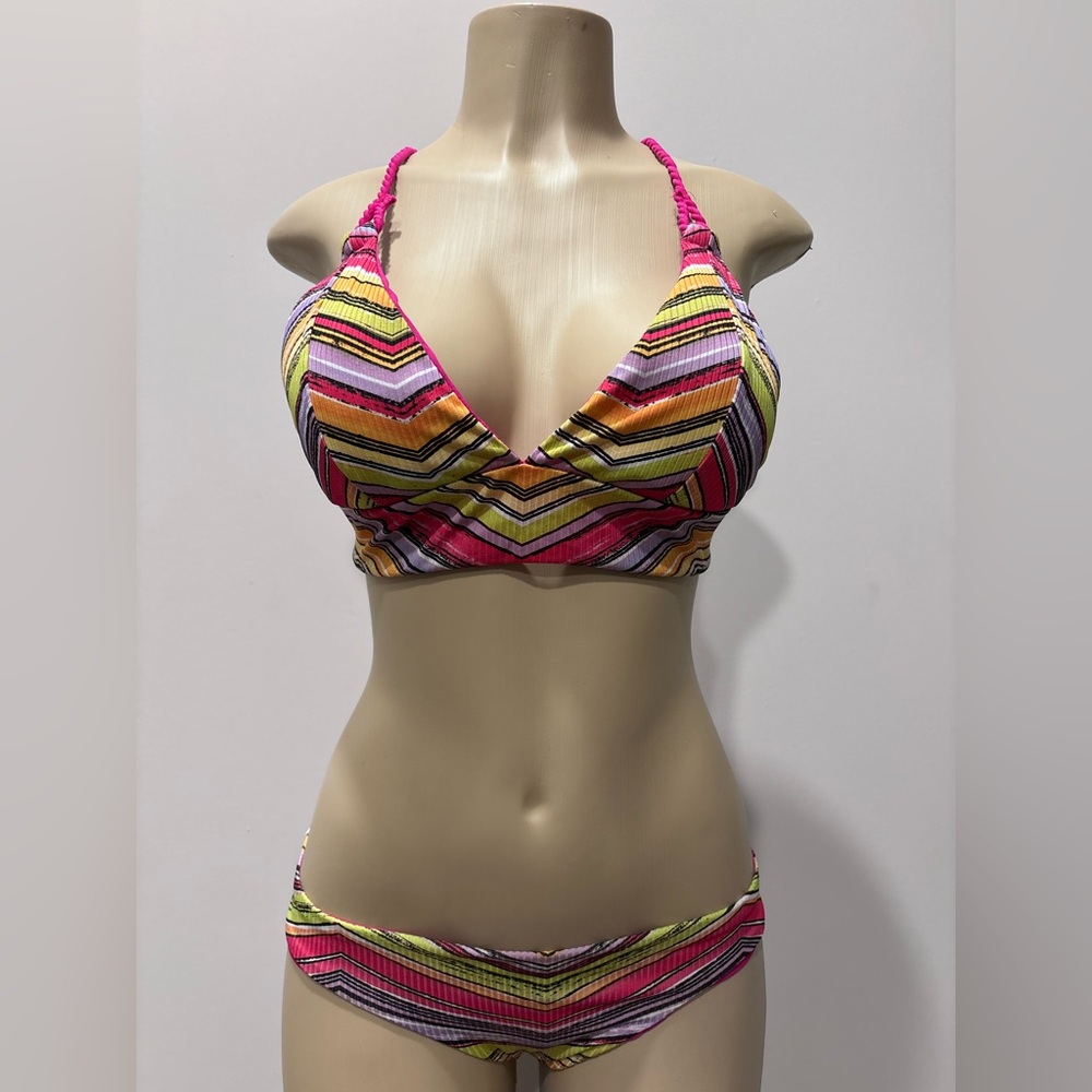 Chevron Stripe Bikini Set Rope Tie Halter Pink Lined Swimwear